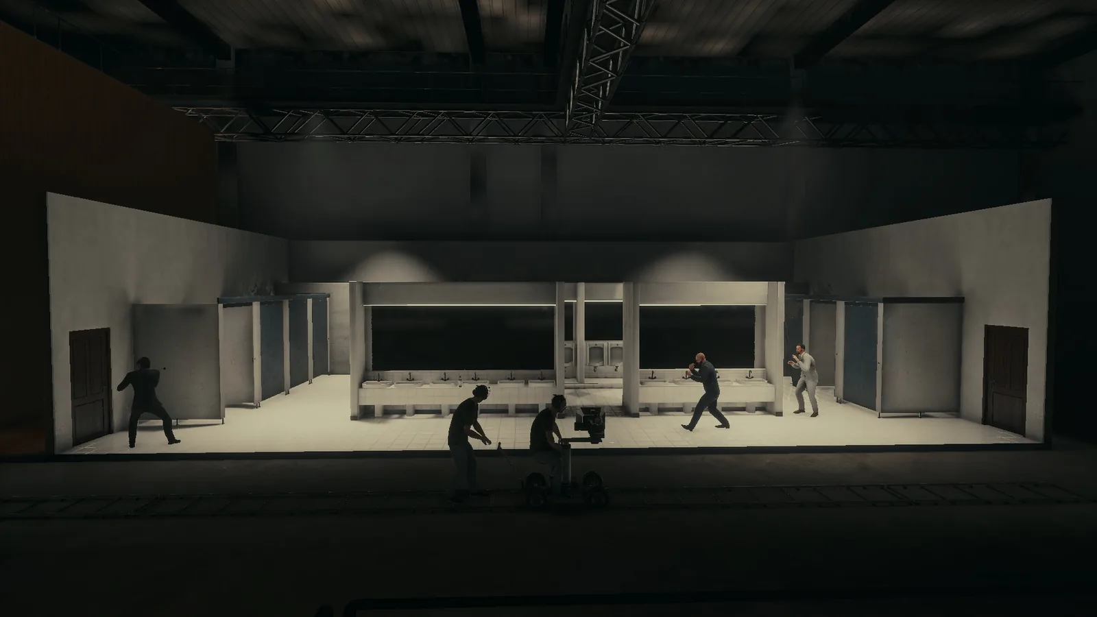 Bathroom set built on a sound stage in BLACKWOOD, with sinks, mirrors and stalls, and characters fighting in the middle