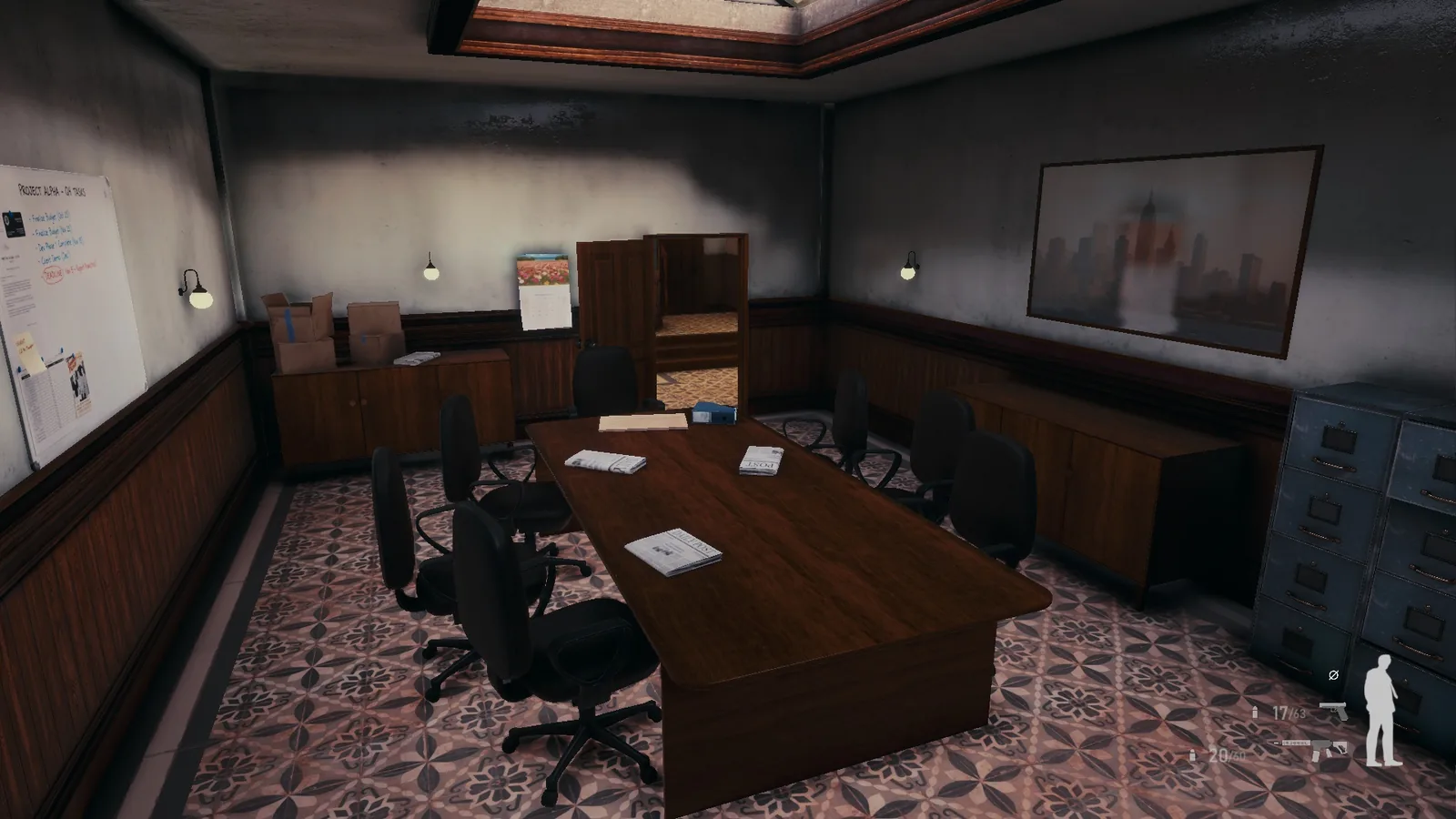 Briefing room in BLACKWOOD with a wooden table, black office chairs, a skylight, wood panelling and a patterned tile floor