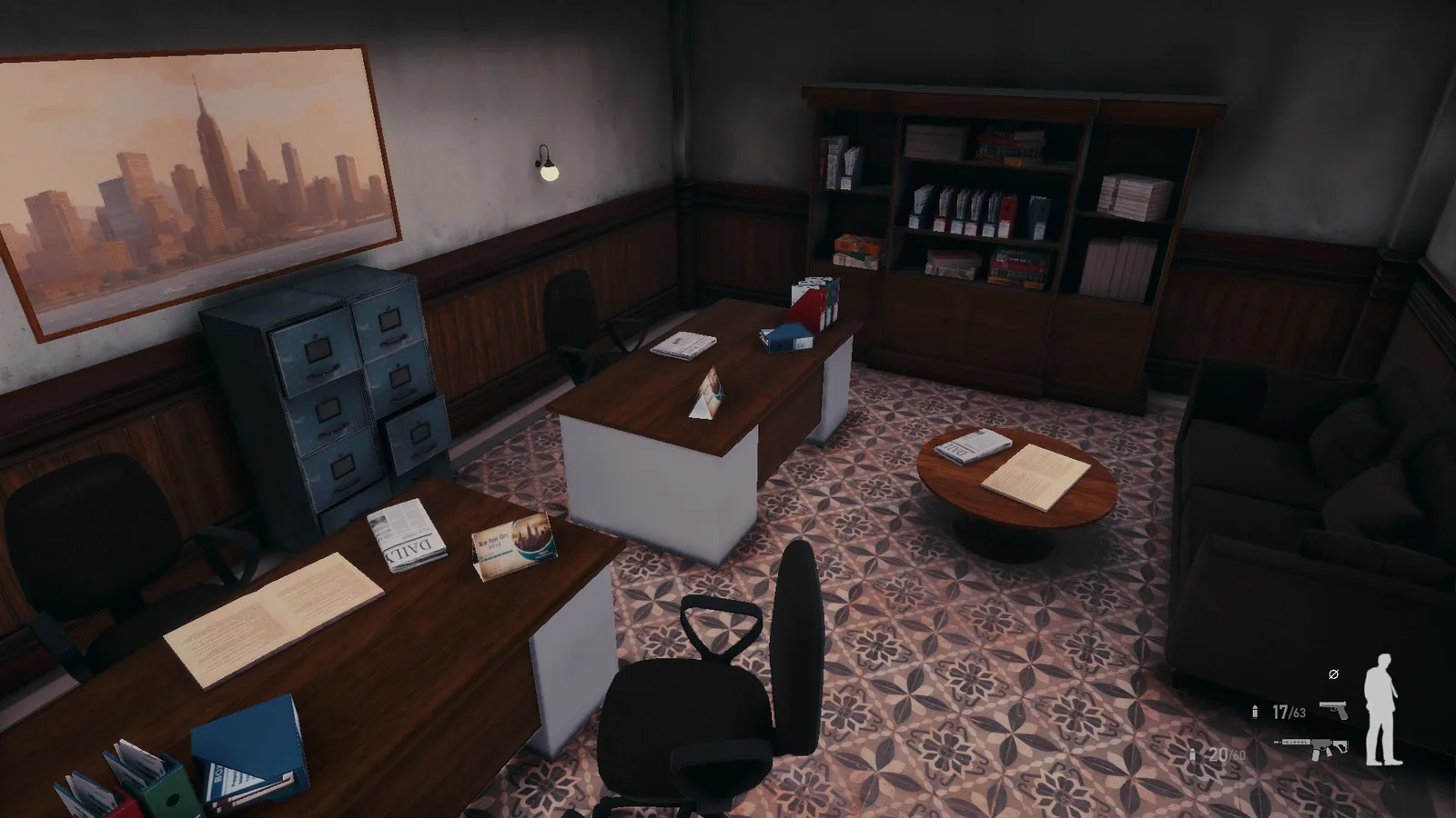 Executive office in BLACKWOOD with a wooden desk, a safe, bookshelves, a city painting and a round coffee table