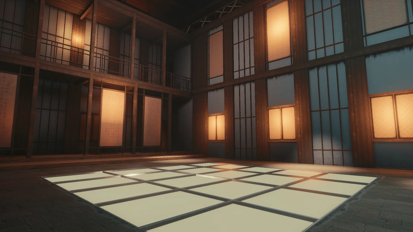 Two-storey Japanese teahouse set in BLACKWOOD, with paper screen walls glowing amber and a lit square floor