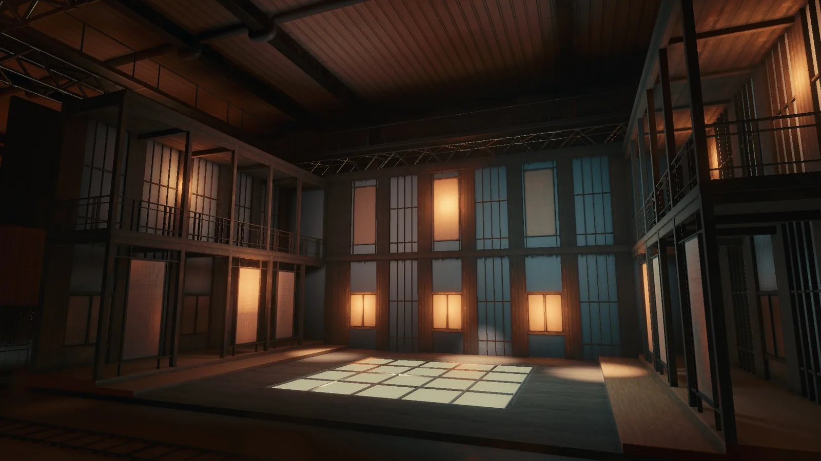 Japanese teahouse set in BLACKWOOD with upper balconies, wooden railings and a glowing grid floor