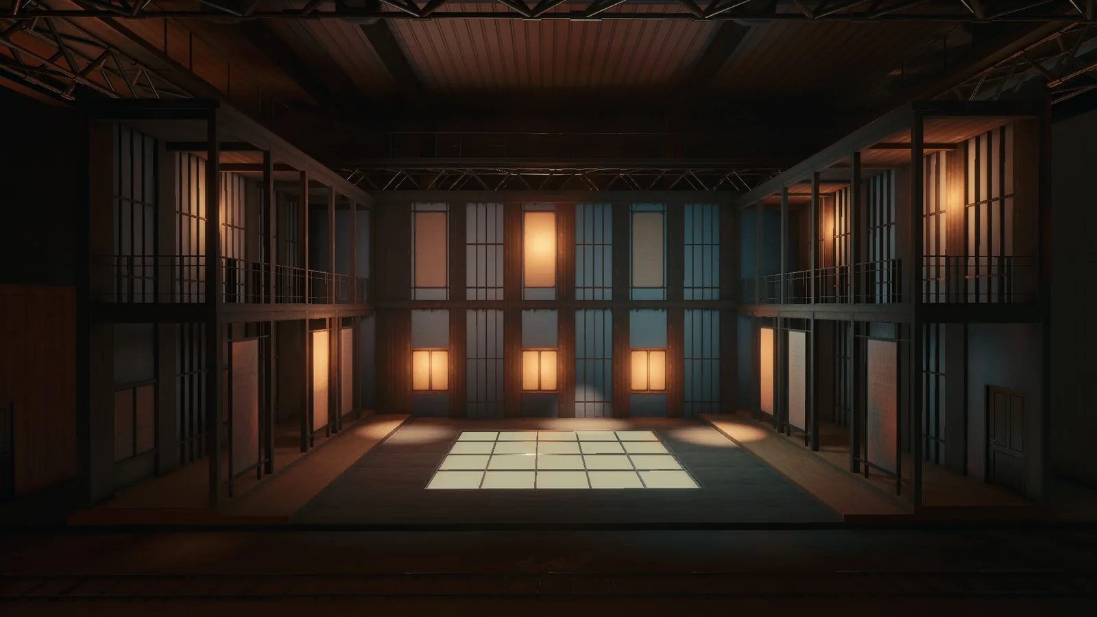 Symmetrical view of the BLACKWOOD Japanese teahouse set, with lit shoji screens on both levels