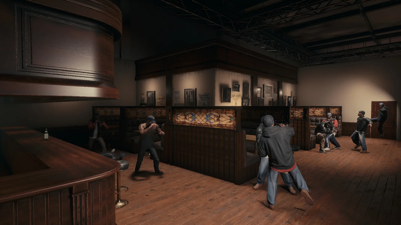 Bar set in BLACKWOOD with wooden booths and framed posters, with armed characters moving through the room