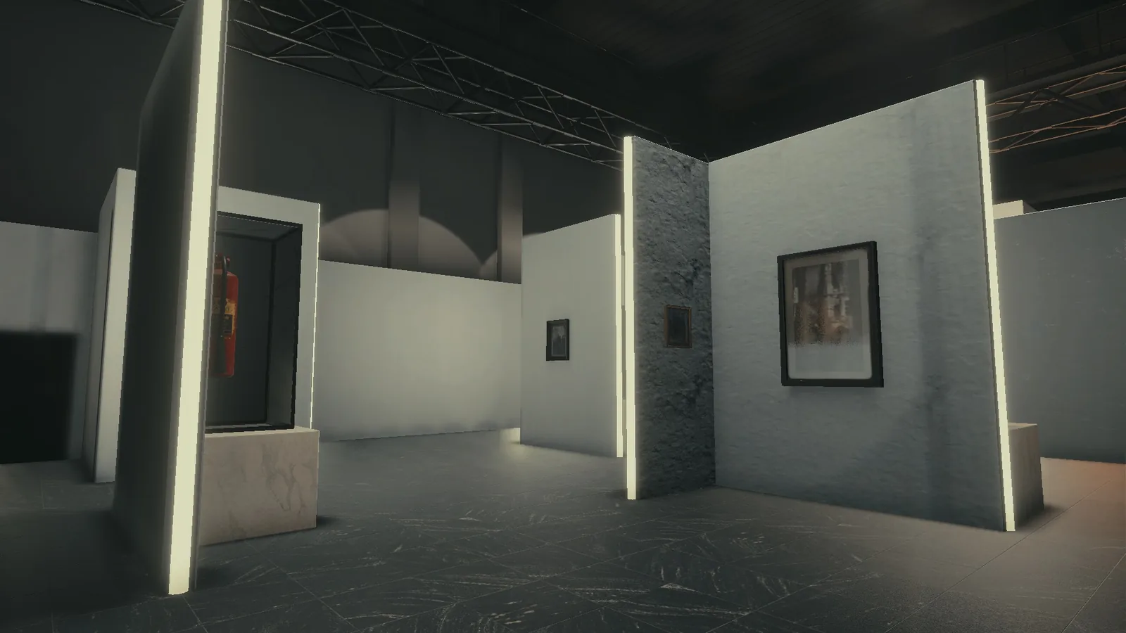 Gallery space in BLACKWOOD with freestanding white walls, framed paintings and vertical light strips