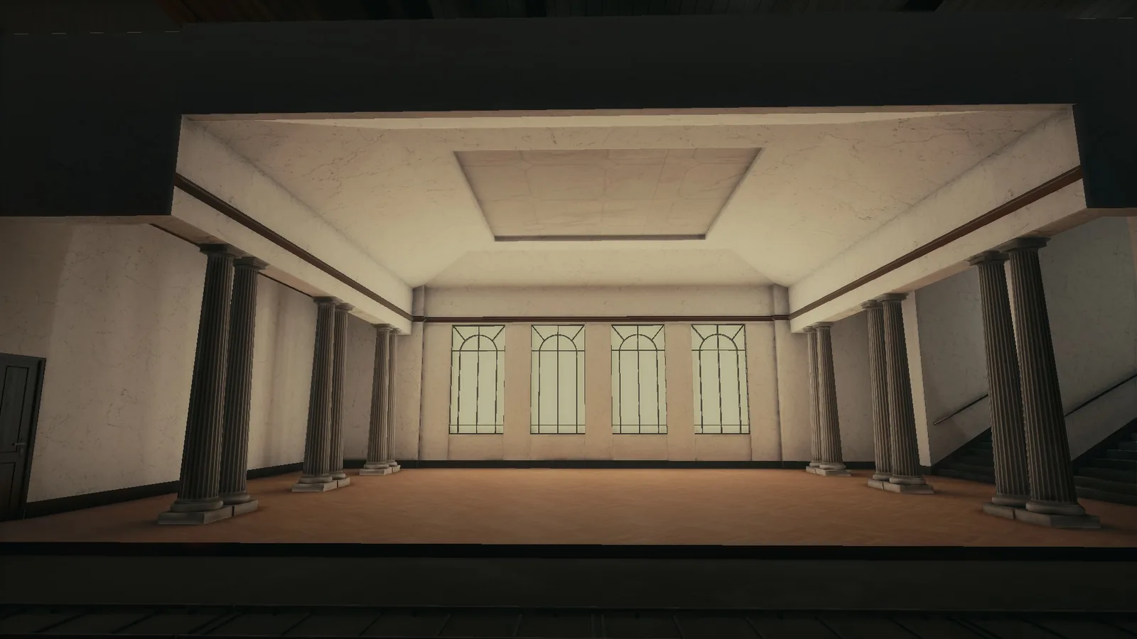 Museum hall set in BLACKWOOD with paired columns, a coffered ceiling and tall arched windows