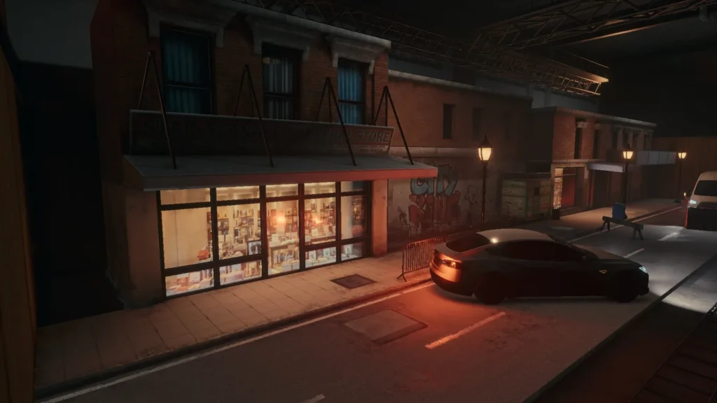 Night street in BLACKWOOD with a lit corner shop, a parked car and brick buildings with balconies