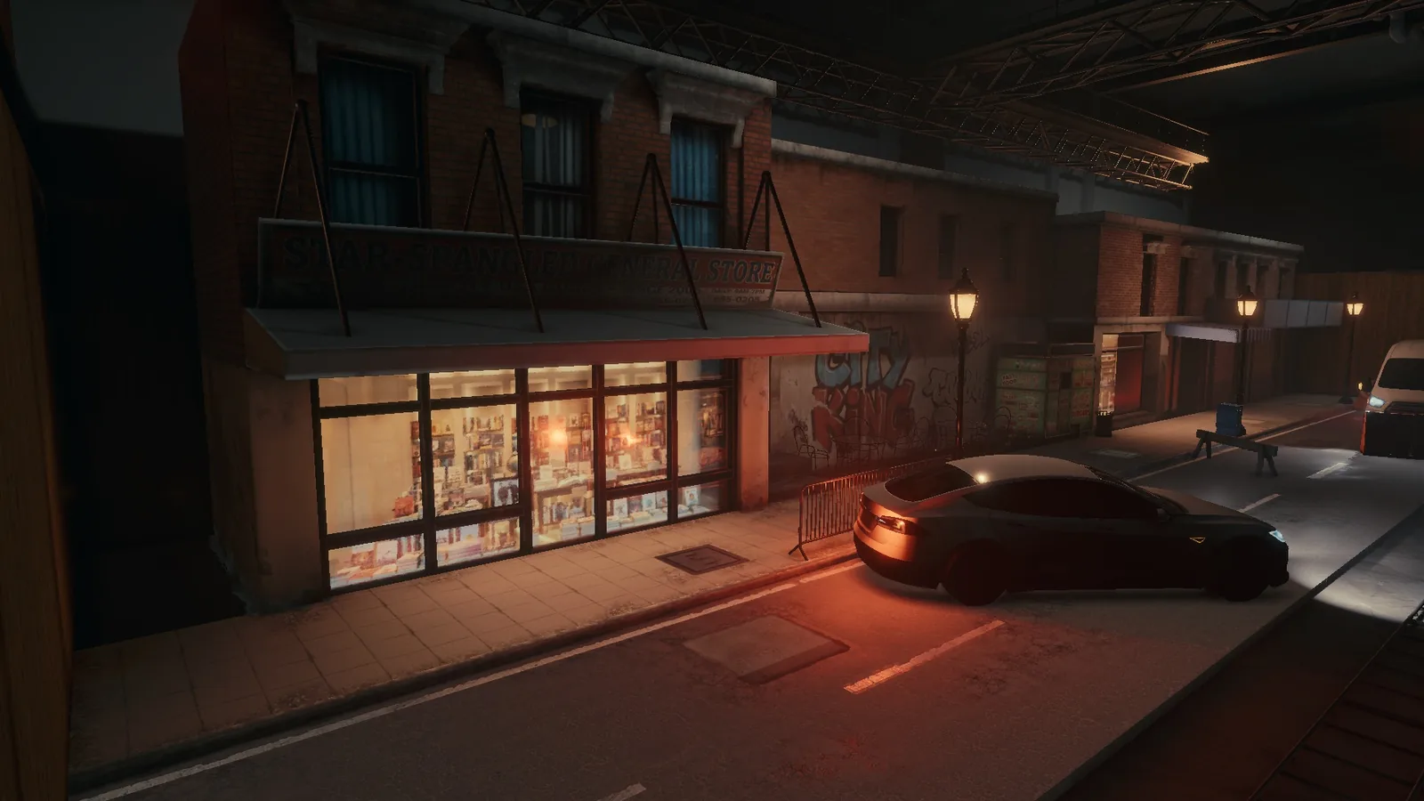 Night street in BLACKWOOD with a lit corner shop, a parked car and brick buildings with balconies