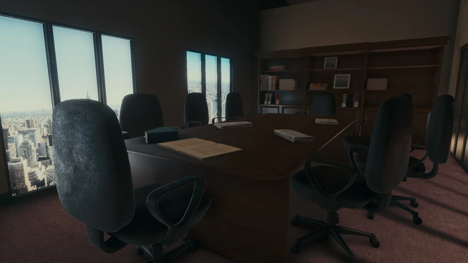 Conference room on the BLACKWOOD office set, with a long table, black chairs and a city view through the windows