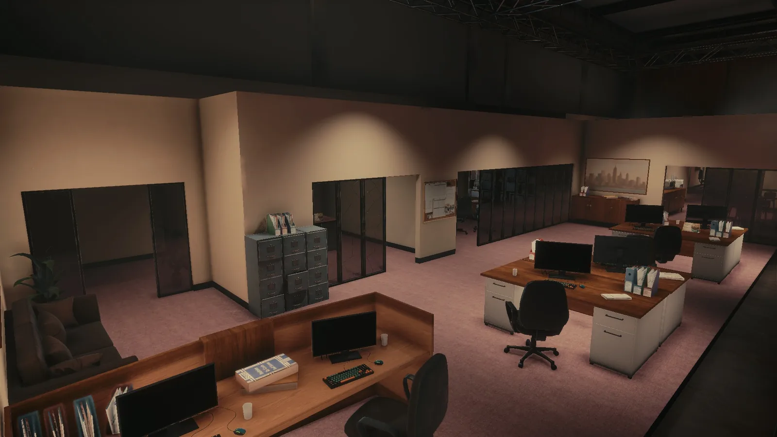 Open-plan office set in BLACKWOOD, with a reception desk, filing cabinets, desks and monitors