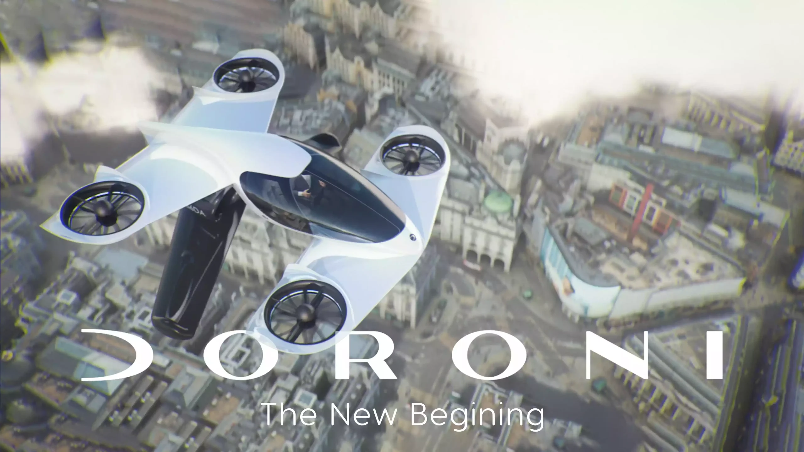 Doroni’s eVTOL aircraft above a city in The New Beginning commercial.