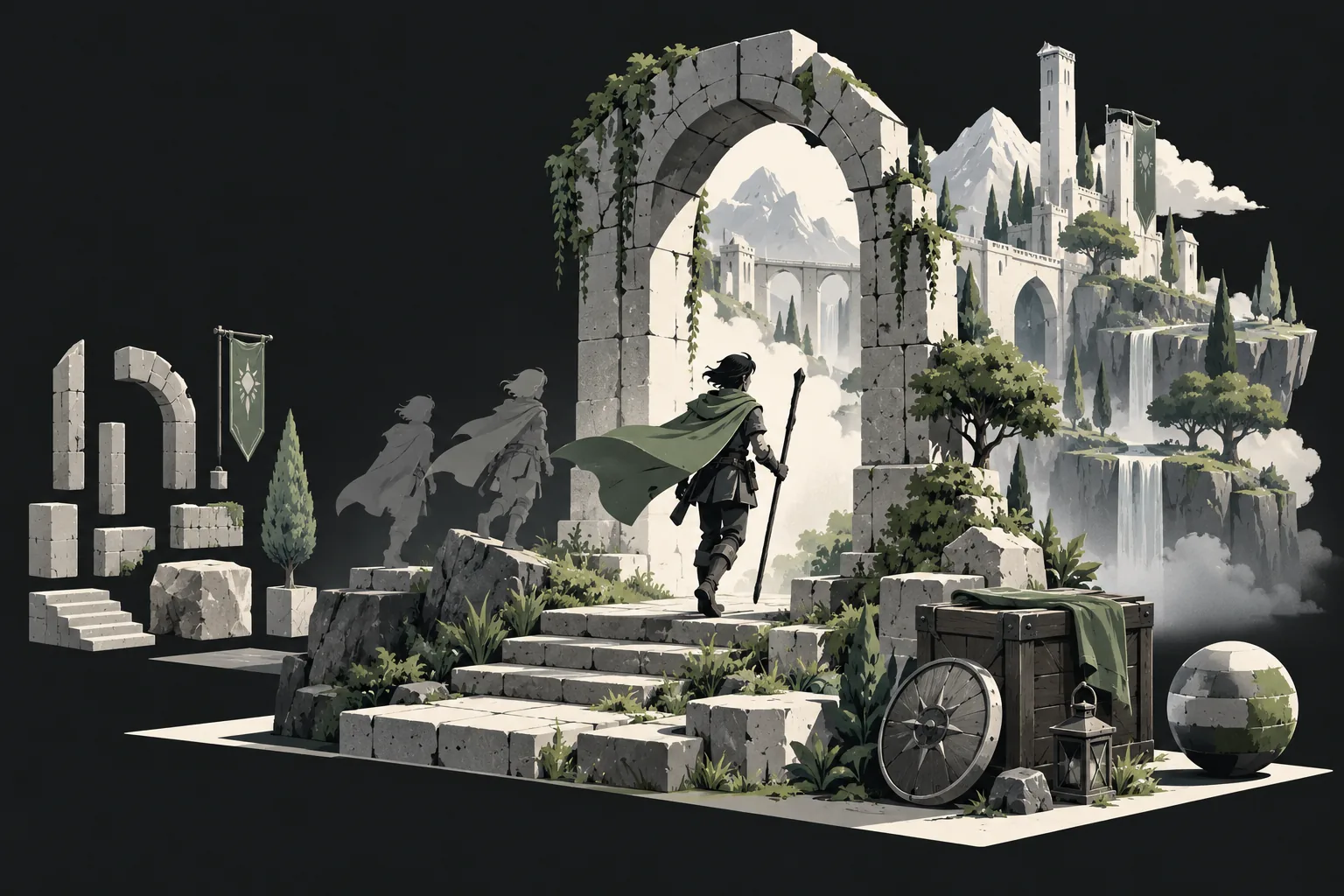 Concept illustration of a modular game environment, character animation poses and game props.