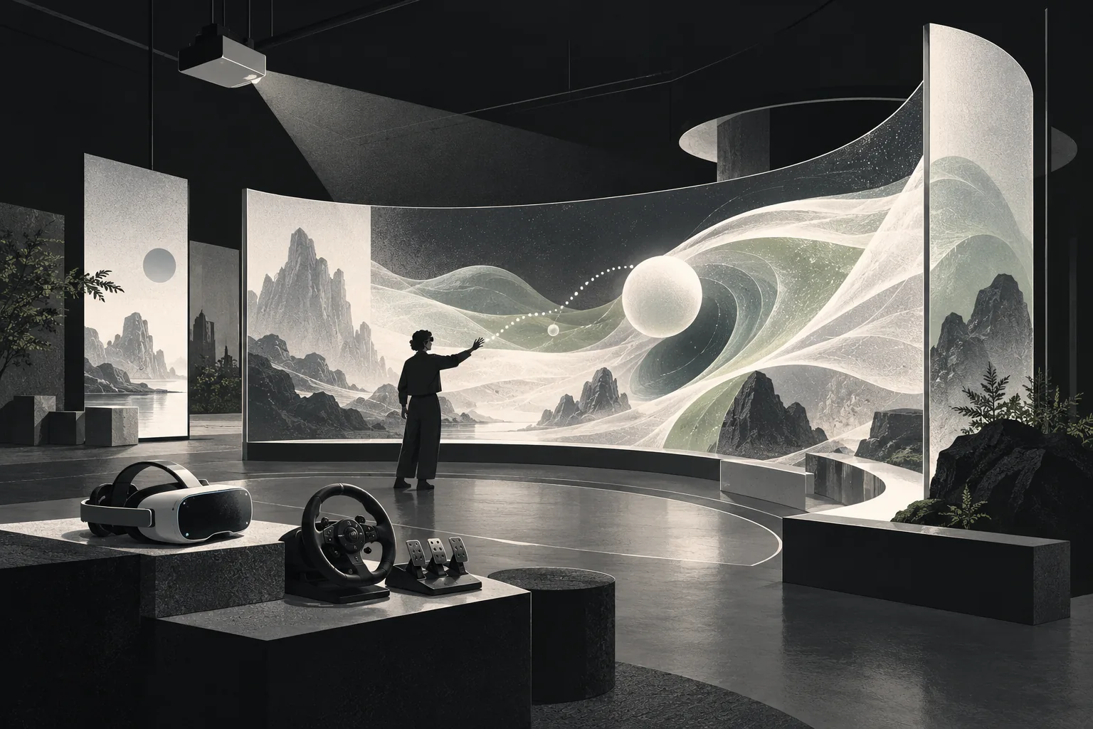 Concept illustration of an interactive display, projection, VR headset and physical driving controls.