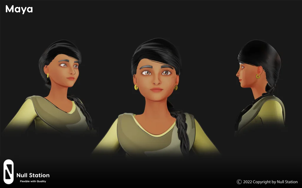 Three views of a stylized 3D female character in a green top, labelled Maya