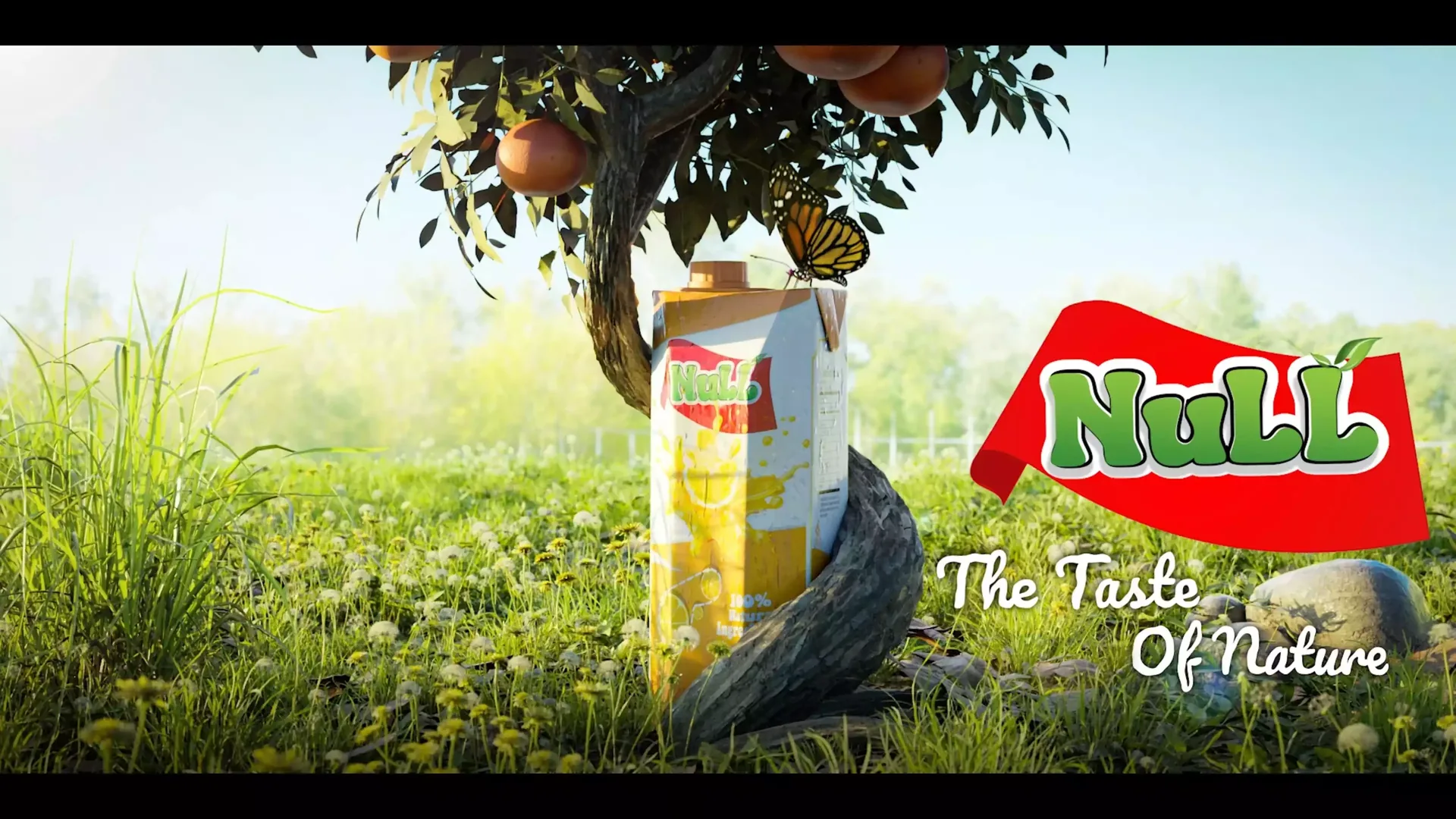 A juice carton surrounded by an orange grove in The Null Juice studio exploration.